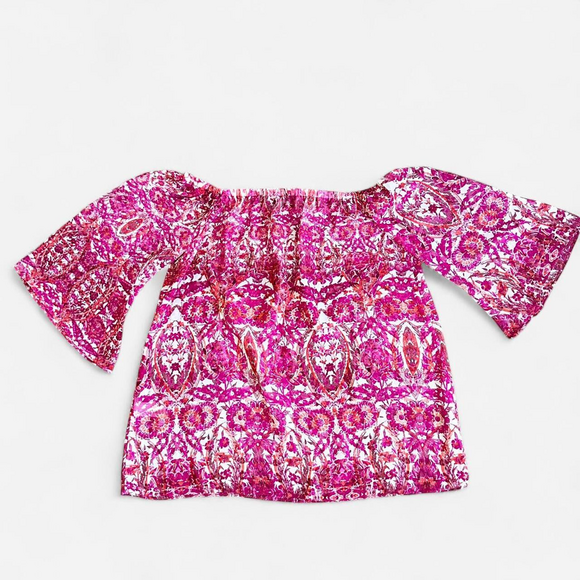 Show me your mumu off the shoulder paisley sheer bell sleeve blouse in Pink - Picture 4 of 6